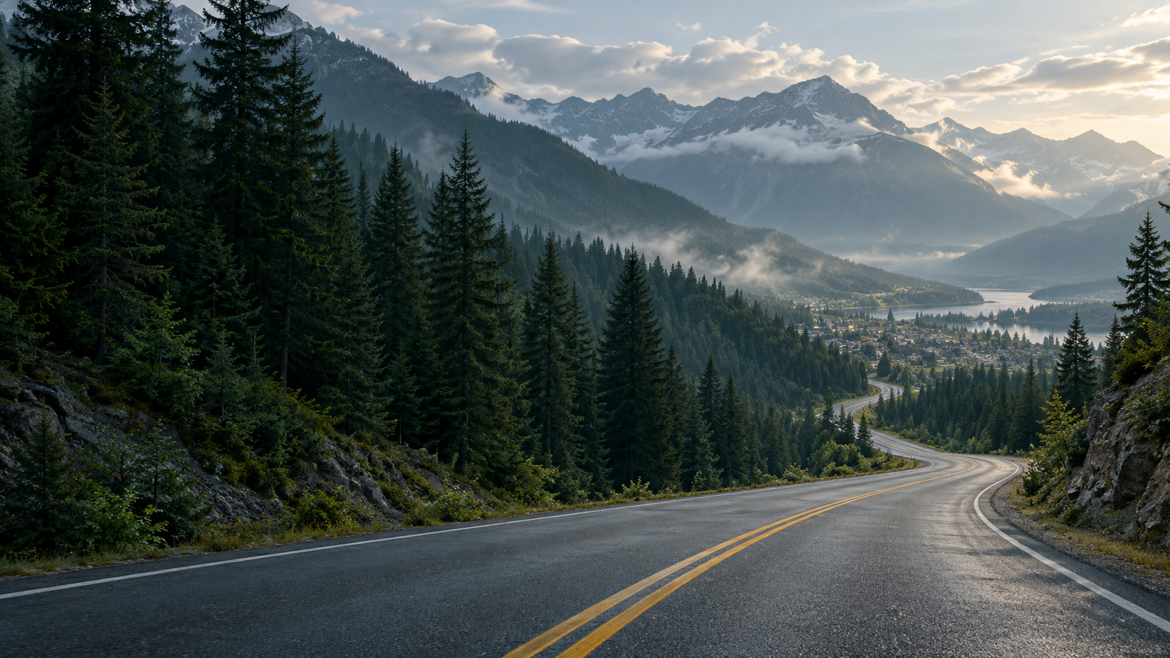 Evergreen mountains and a winding road leading into a small town